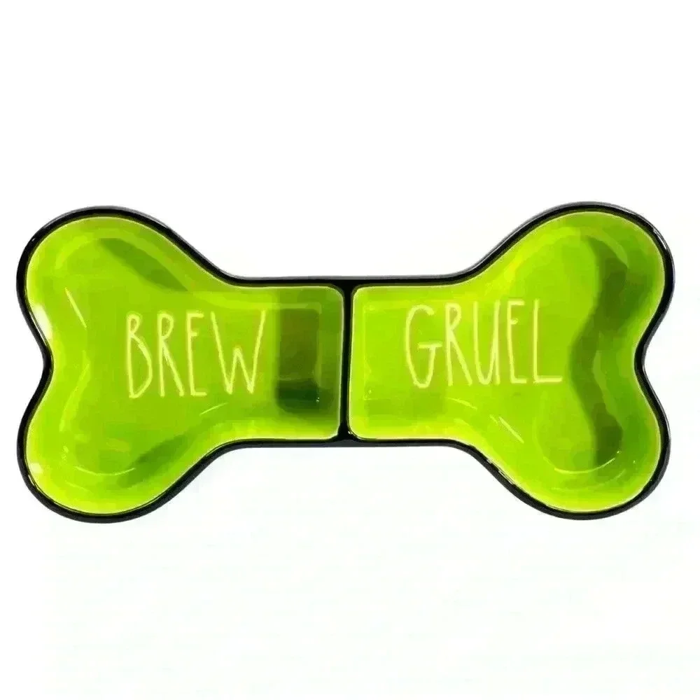 NEW Rae Dunn -BREW & GRUEL - Glazed Ceramic Dual Pet Bowl/DISH 💚🖤